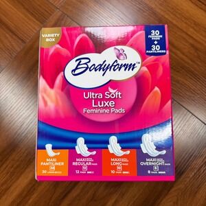 Bodyform Ultra Soft Luxe Feminine Pads Variety Box 60 Count Assorted Sizes NEW